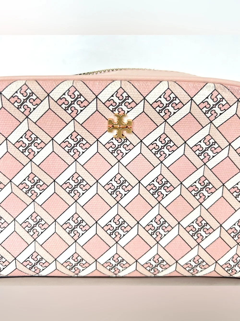 TORY BURCH Dusted Blush Geo Logo Allover Wristlet Essentials Pouch Makeup Bag